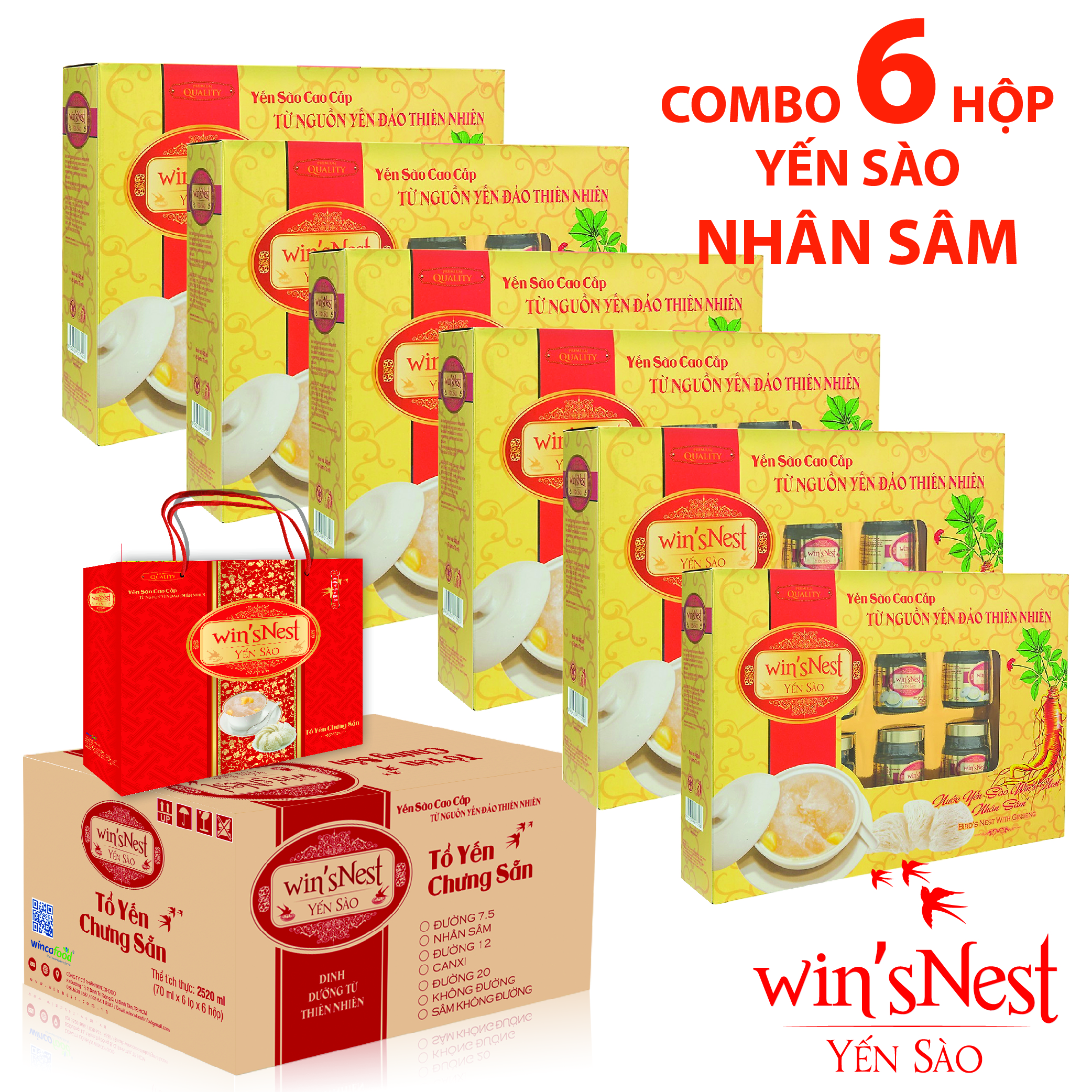 Combo 6 hộp nước yến sào win'sNest nhân sâm (6 Lọ x 70 ml / Hộp) thích hợp cho người lớn và người bệnh trong quá trình hồi phục sức khỏe