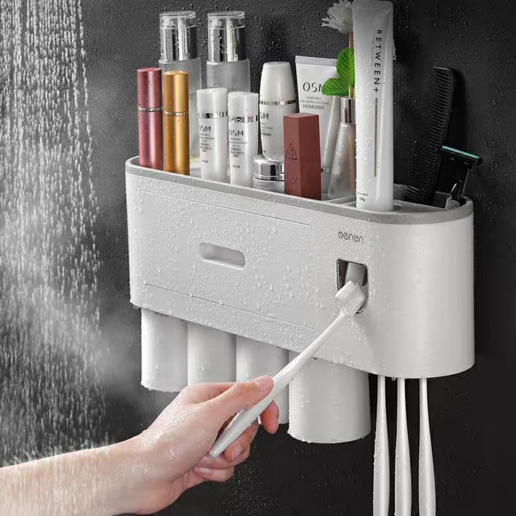Bộ Nhả Kem Đánh Răng 4 Cốc, Kệ Để Đồ Phòng Tắm Đa Năng Dán Tường Lực Hút Từ Tính Tặng Kèm Cốc