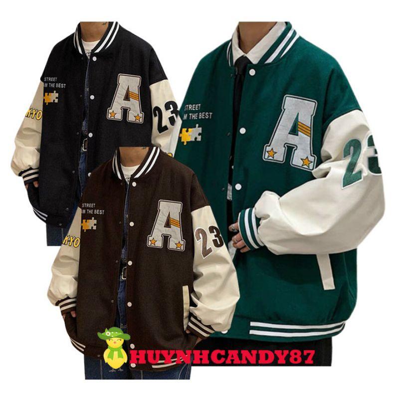 Áo bomber nỉ ngoại trần bông unisex, áo cardigan nam nữ phôm rộng thêu chữ phối màu cao cấp nút bấm