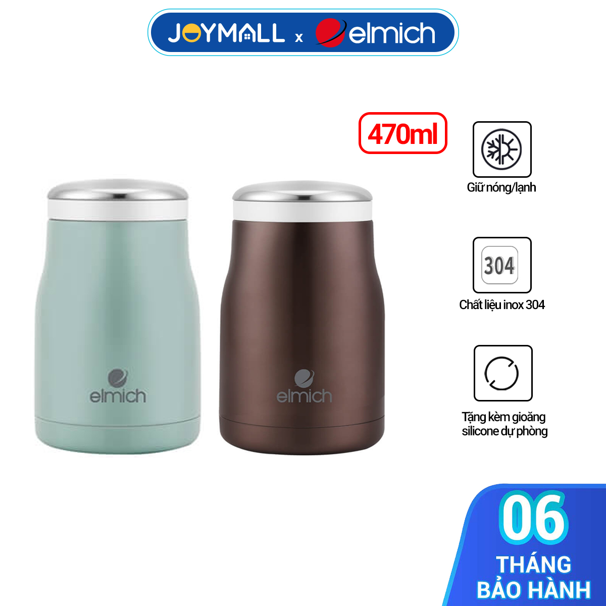 Bình đựng thức ăn giữ nhiệt Inox 304 Elmich EL-8291 470ml, Hàng chính hãng, tặng kèm gioăng -JoyMall
