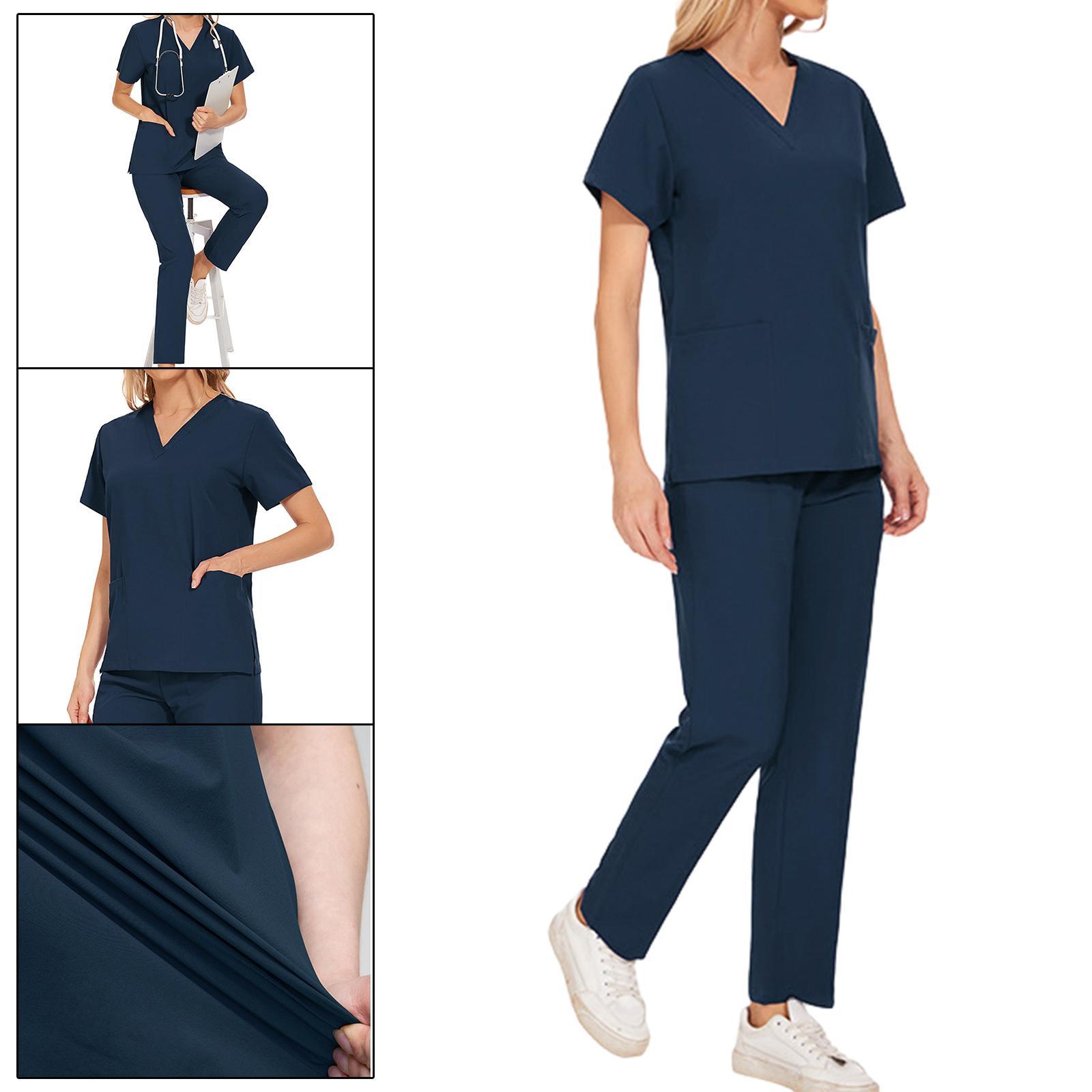 Nurse Work Uniforms Workwear Women's Scrub Set, Unisex with Pockets Breathable Hospital Uniform V Neck Scrub Top and Trousers