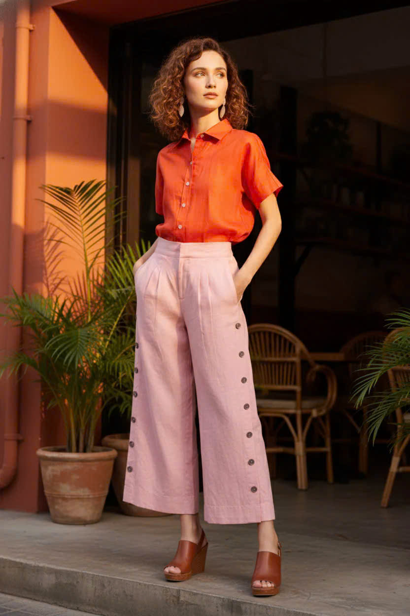 Quần Ống Rộng Xẻ Linen Anh Đào, Quần Culottes Ống Rộng Xẻ Đính Nút Linen Hồng Pan068