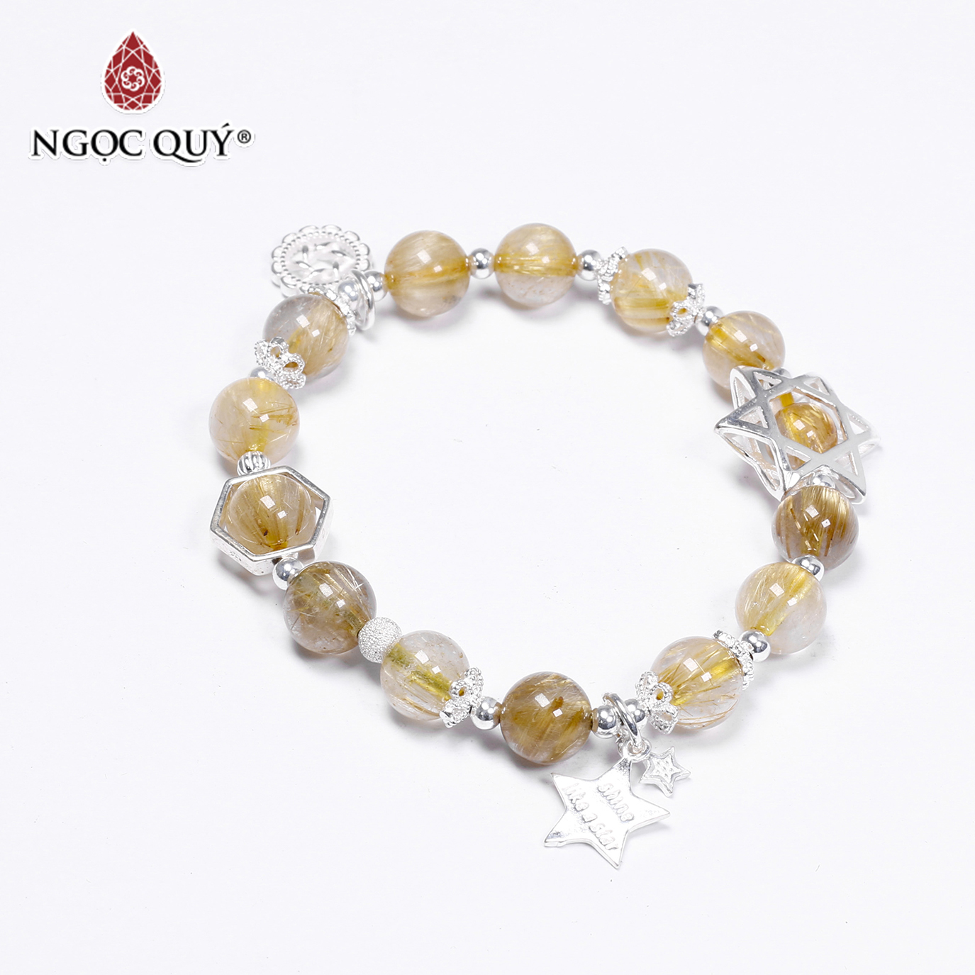 Vòng tay đá thạch anh tóc vàng phối charm ngôi sao size hạt 8mm mệnh thủy, kim - Ngọc Quý Gemstones