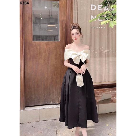 Váy đen trễ vai thiết kế mới Nơ ngực sang chảnh dạo phố đi tiệc