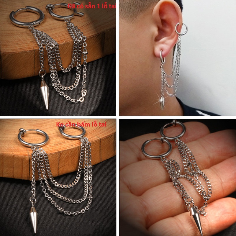 Bông Tai Nam Nữ Tua Rua Đã Bấm Hay Chưa Bấm Tai Đều Đeo Được Chất Liệu Thép Titan Ko Đen TT 2317 - 1 Chiếc