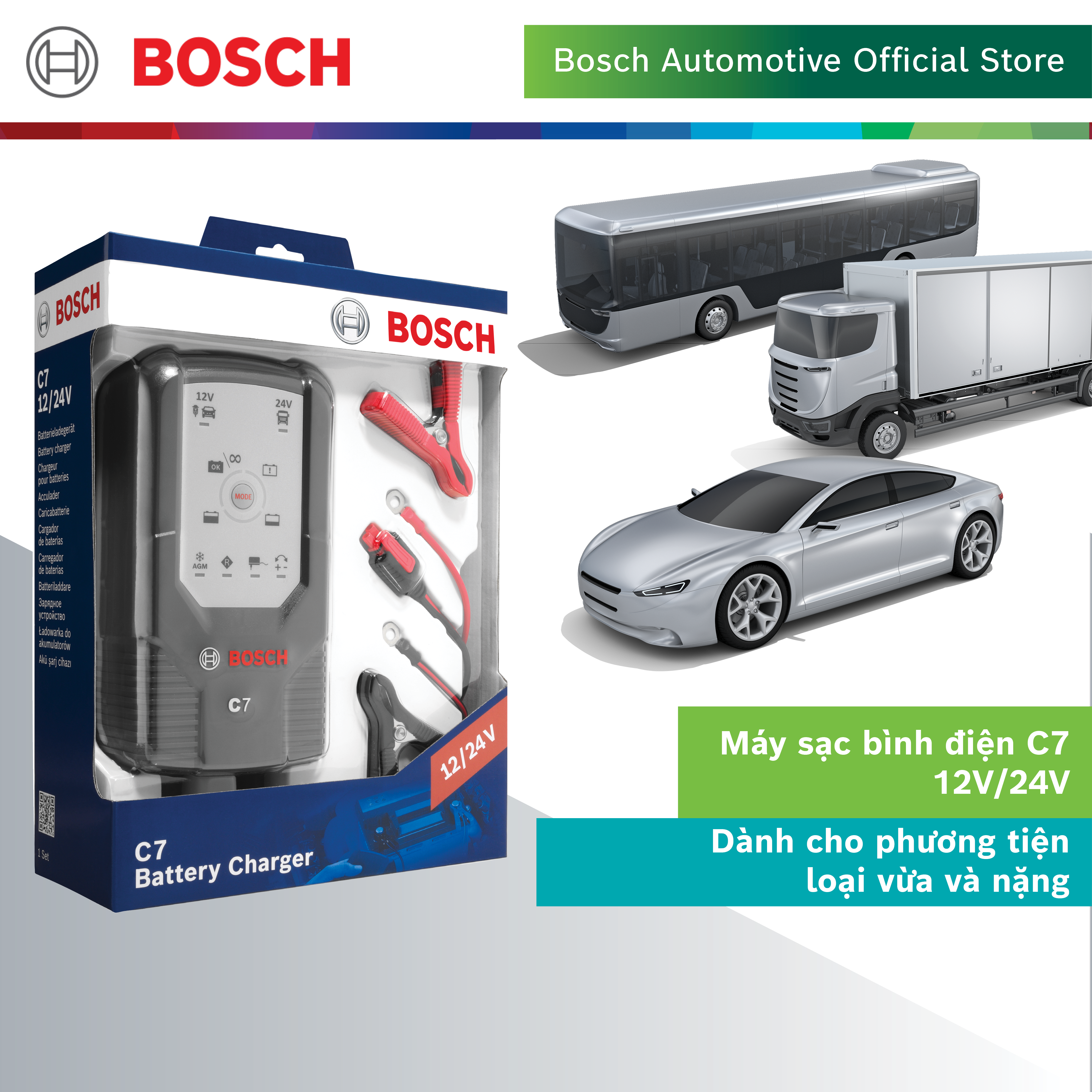 Máy sạc bình ắc quy cho ô tô xe máy Bosch C7 - Hàng chính hãng