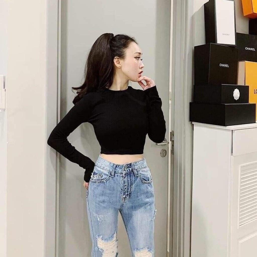 Áo nữ Croptop Tay dài BODY size 40-53kg Chất Borip Lụa Mỏng Mịn Mát, Freesize 53kg Ảnh Thật 100