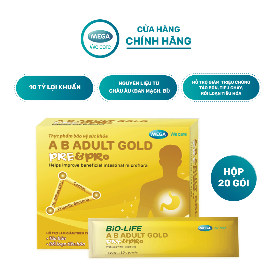 Bột men vi sinh lợi khuẩn sống & chất xơ cho đường ruột giảm táo bón, khó tiêu Mega We Care AB ADULT GOLD PRE&PRO 10 gói