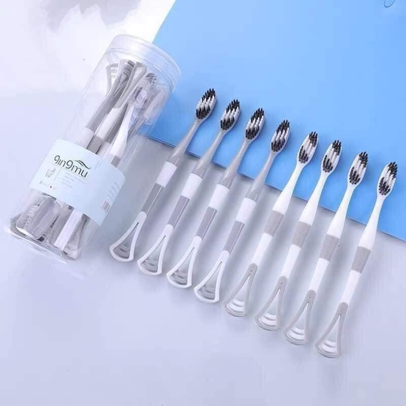 Set 8 Bàn Chải Đánh Răng 2 Đầu Có Cạo Rơ Lưỡi(Hộp Tròn Xám)