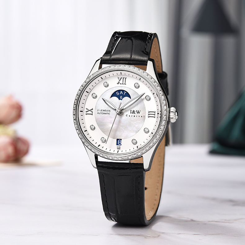 Đồng Hồ Nữ I&amp;W Carnival 582L Chính Hãng BH 60T Chịu Nước 30m Kính Chống Xước Dây Da Cao Cấp ( Máy Cơ Tự Động)