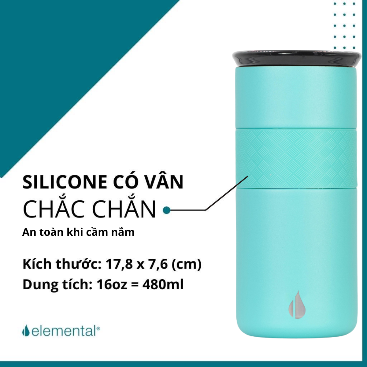 LY GIỮ NHIỆT ELEMENTAL MÀU XANH LAM (480ML), ĐẠT CHUẨN FDA HOA KỲ, THÉP 304 KHÔNG GỈ, GIỮ NÓNG LẠNH