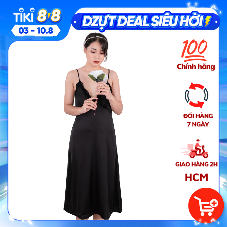 Đầm ngủ, Váy ngủ lụa Pháp (Lụa Latin) thiết kế 2 dây chéo lưng phối ren cao cấp VILADY - V148 (Màu Đen)