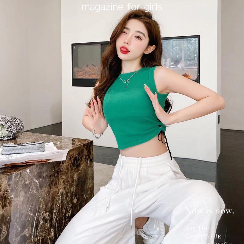 Áo thun nữ 3 lỗ croptop dây rút eo giản dị thời trang mùa hè 2023