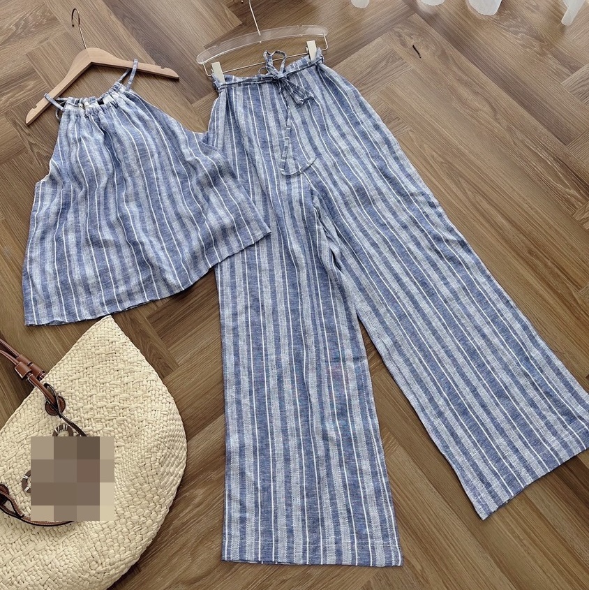 SET ÁO 2 DÂY YẾM SUÔNG TRƠN SÁT NÁCH CROPTOP + QUẦN DÀI ỐNG RỘNG LƯNG CAO SỌC JUMPSUIT ĐI BIỂN DẠO PHỐ ĐI CHƠI ĐI TIỆC