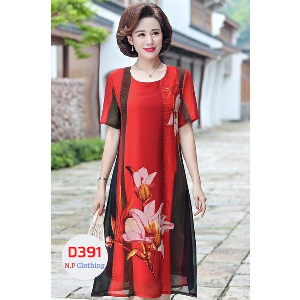 Đầm Trung Niên D391, Mẫu Váy Hoa Cho Mẹ Cổ Tròn Form Suông Ngắn Tay Trang Nhã Thoải Mái | Thời Trang Trung Niên U50
