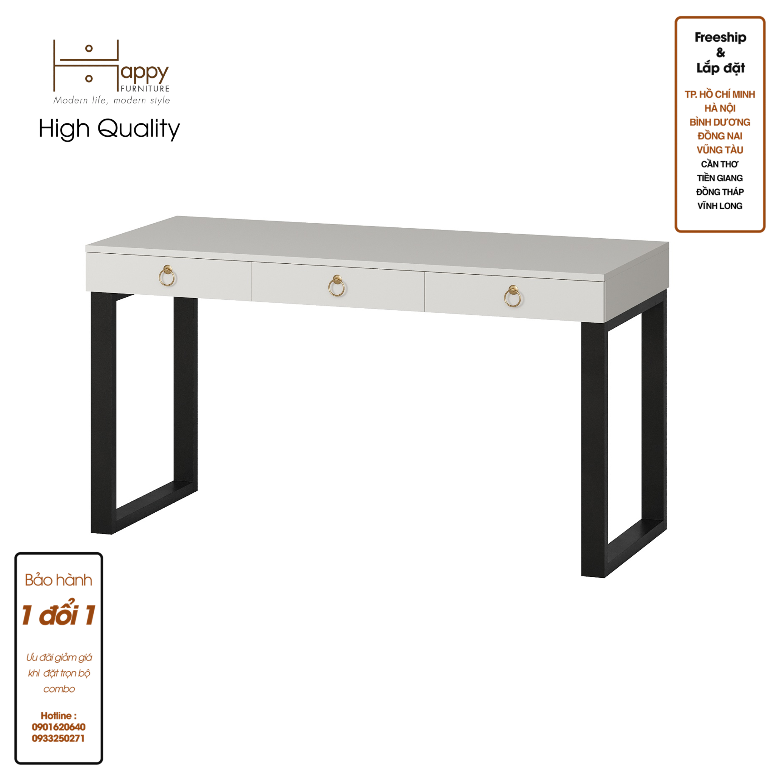 [Happy Home Furniture] WESLEY, Bàn làm việc chân sắt - 3 ngăn kéo,  140cm x 59cm x 75cm ( DxRxC), BAN_012