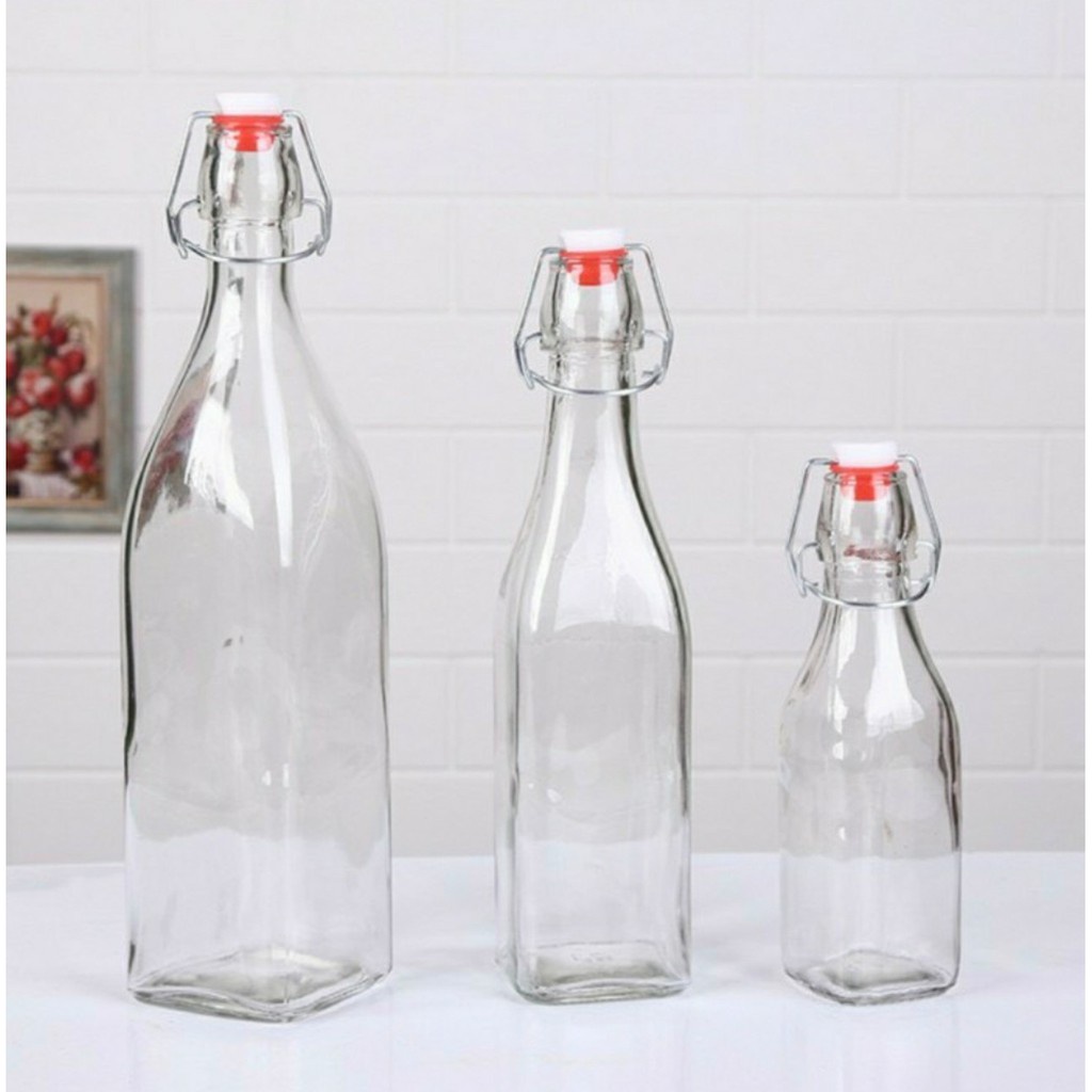 Chai Thuỷ Tinh Tròn Đựng Mật Ong, Rượu, Detox, Đồ Uống 500ml ~ 1000ml Nắp Cài Kín Hơi