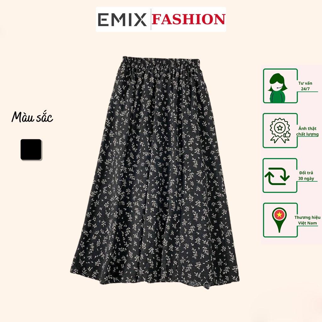 Chân váy nữ hoa nhí hoa đen EMIX , ulzzang, dáng dài, cạp chun, vải lụa mềm, co giãn, 1 lớp nhưng không lộ