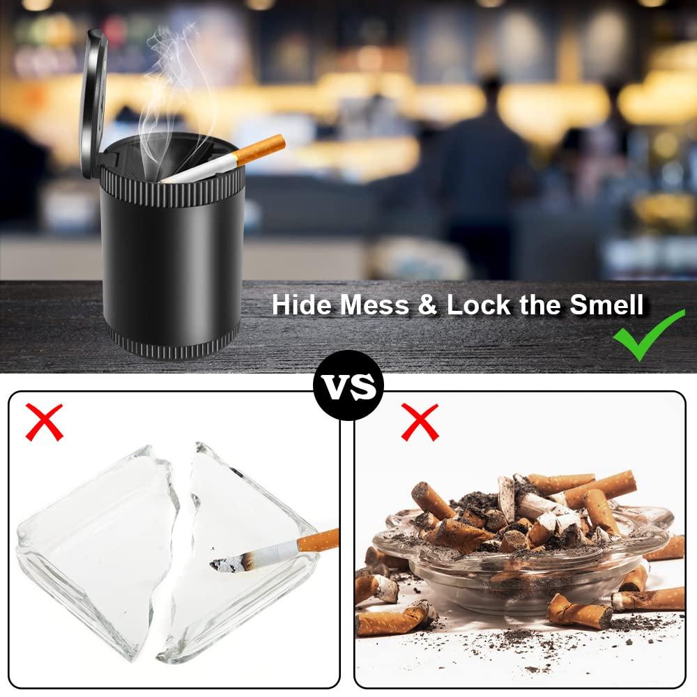Ashtray ô tô, cần gạt bằng thép không gỉ với nắp, khói di động - trát không có đèn LED được chiếu sáng cho xe hơi cắm trại ngoài trời, màu đen