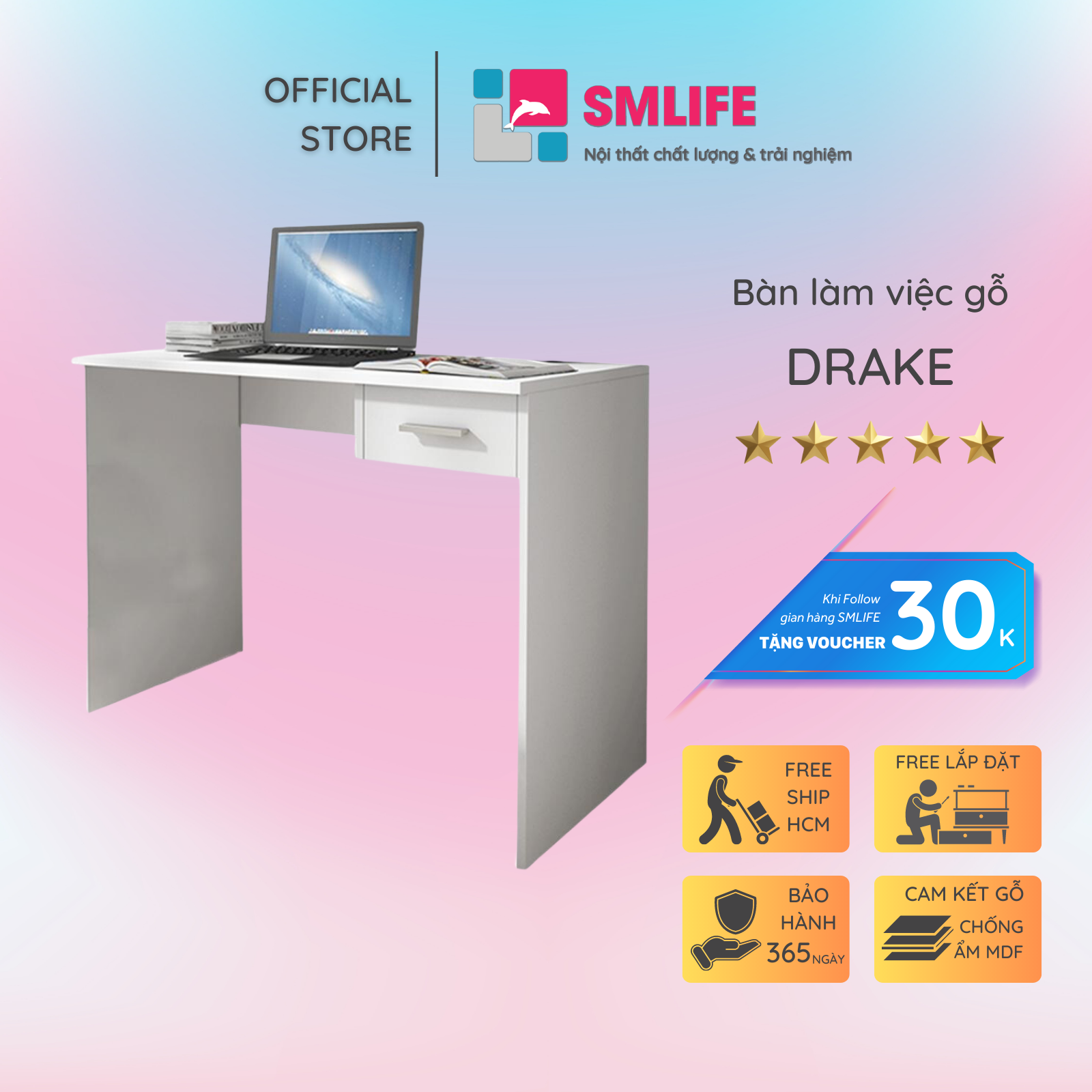 Bàn làm việc, bàn học gỗ hiện đại SMLIFE Drake | Gỗ MDF dày 17mm chống ẩm | D100xR50xC75cm