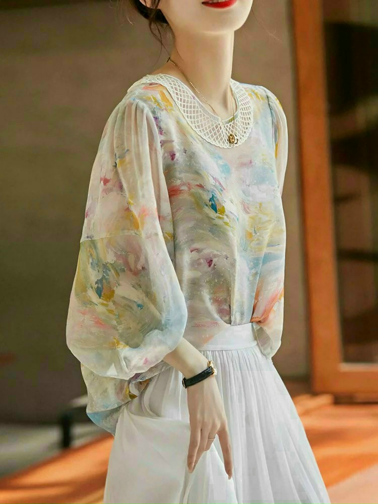 ÁO KIỂU LỤA TAY PHỒNG CỔ REN