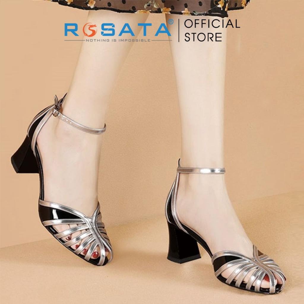 Giày sandal cao gót nữ ROSATA RO415 phối dây mũi nhọn quai hậu cài khóa cổ chân dây mảnh gót cao 7cm xuất xứ Việt Nam - Vàng