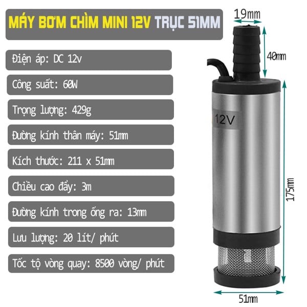 Máy bơm chìm mini 12v bơm hút dầu, chất lỏng tự động