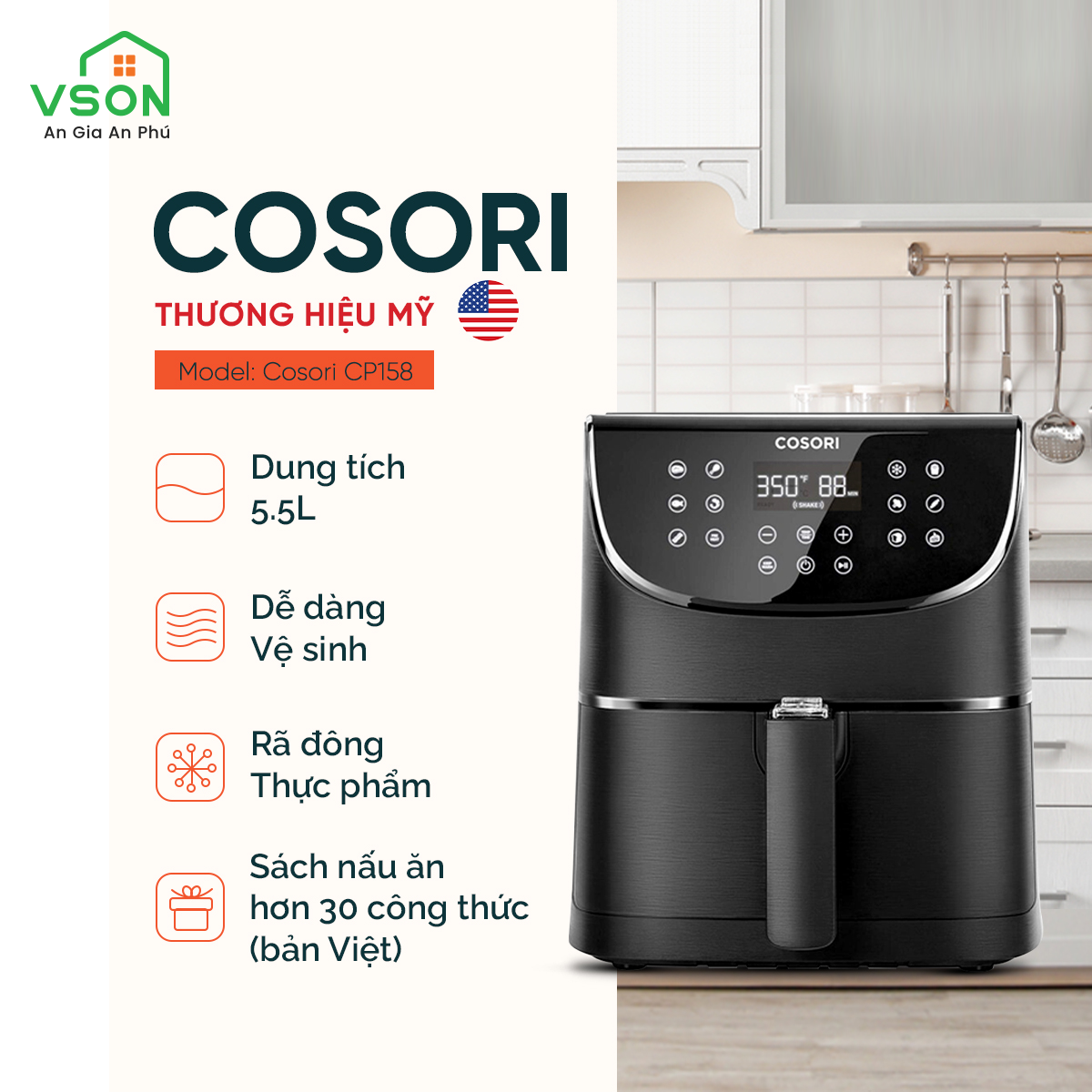 Nồi Chiên Không Dầu Thương Hiệu Mỹ COSORI CP158-AF 5.5L Màu Đen - Hàng Chính Hãng