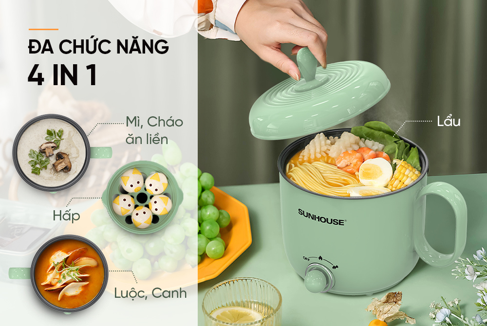 Ca lẩu điện 1.5L Sunhouse SHD4515G - 800W, 4 chức năng, phù hợp cho 1-2 người - Lòng nồi inox, chống dính Flead an toàn - Hàng chính hãng