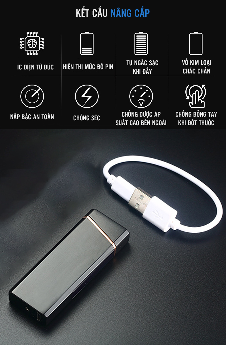 Bật lửa điện cảm ứng tạo tia Plasma chéo sạc pin USB nhỏ gọn tiện lợi
