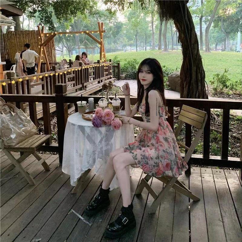 Váy nữ đầm vintage sang chảnh hai dây eo cao hoa hồng mùa hè siêu xinh Pasana0002v