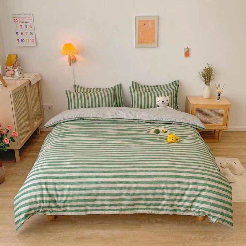 Bộ chăn ga gối kẻ ngang Cotton Poly cao cấp phong cách Hàn Quốc đủ size miễn phí bo chun drap ga giường theo yêu cầu