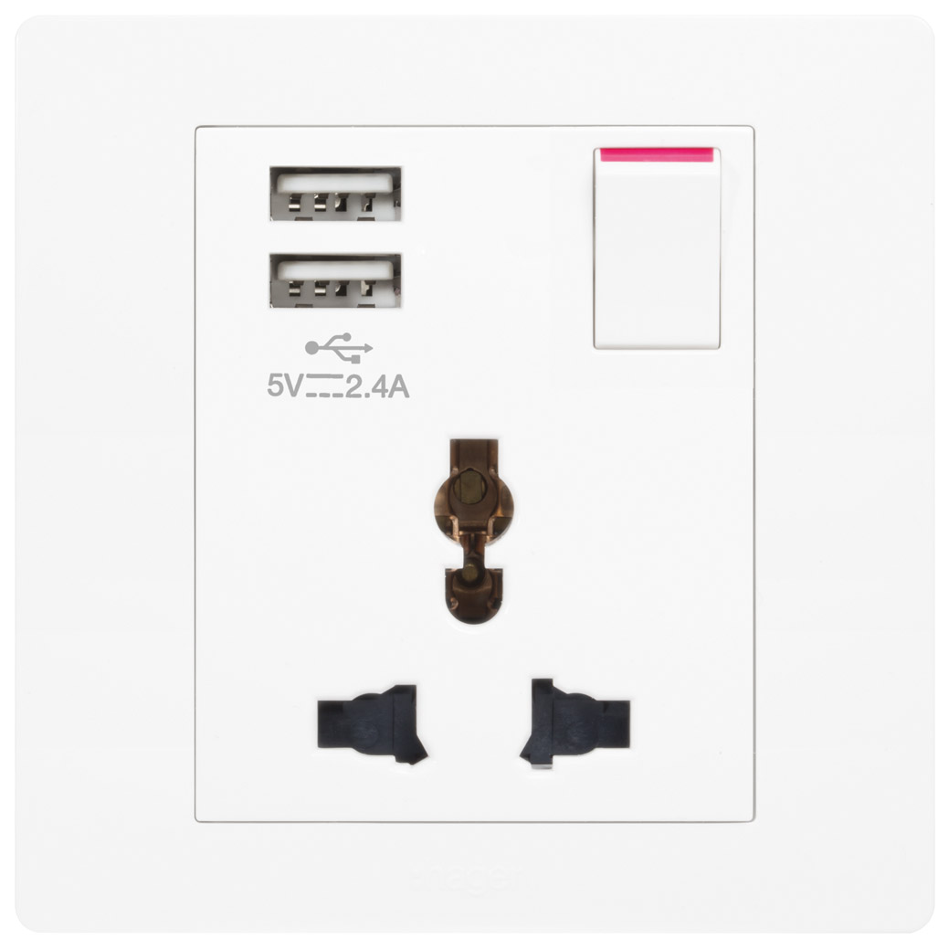 Ổ cắm đơn đa năng 16A + USB WGMS116ISUSB Hager
