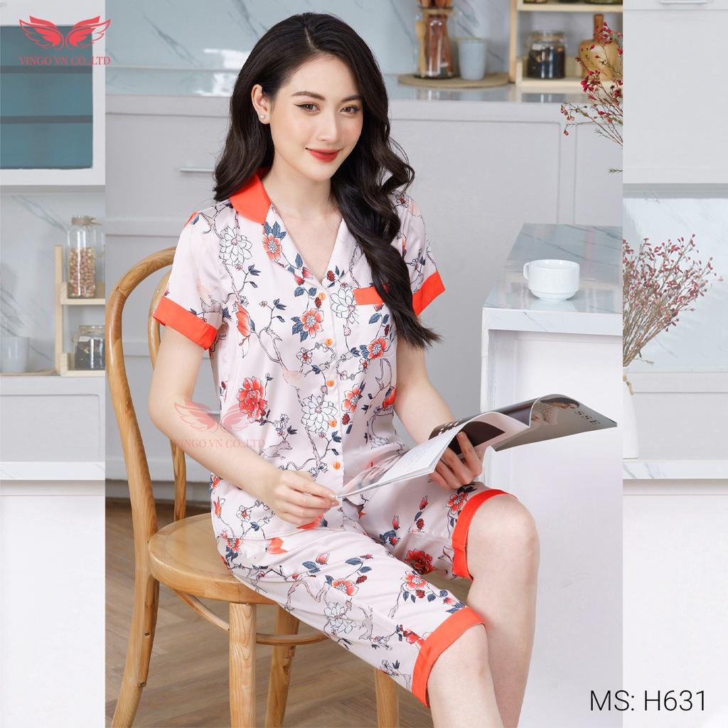 Đồ bộ nữ pijama lụa Pháp mềm mát mặc nhà mùa Hè VINGO tay cộc quần lửng họa tiết hoa màu cam thanh lịch H631 VNGO