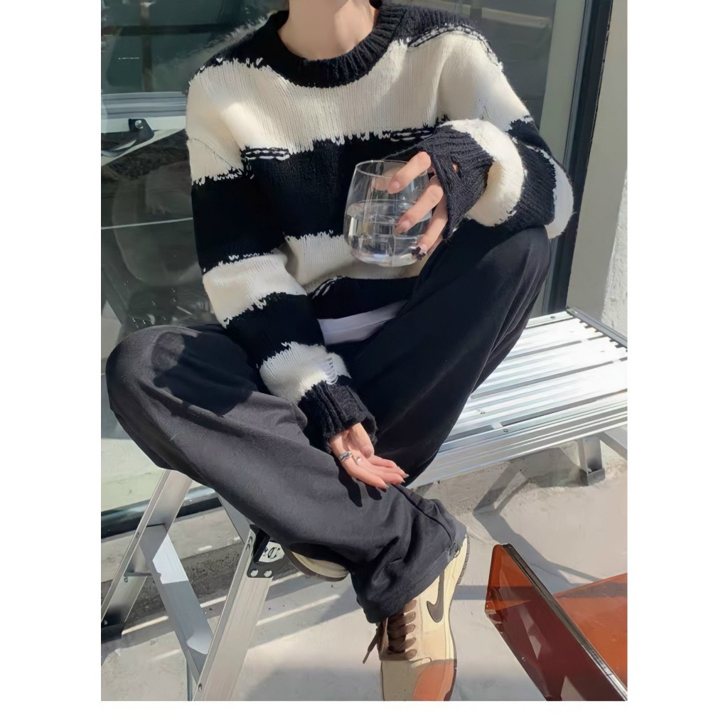 Áo Sweater Len Nữ Dáng Thụng Kẻ Ngang Dài Tay Dáng Thụng Phối Màu