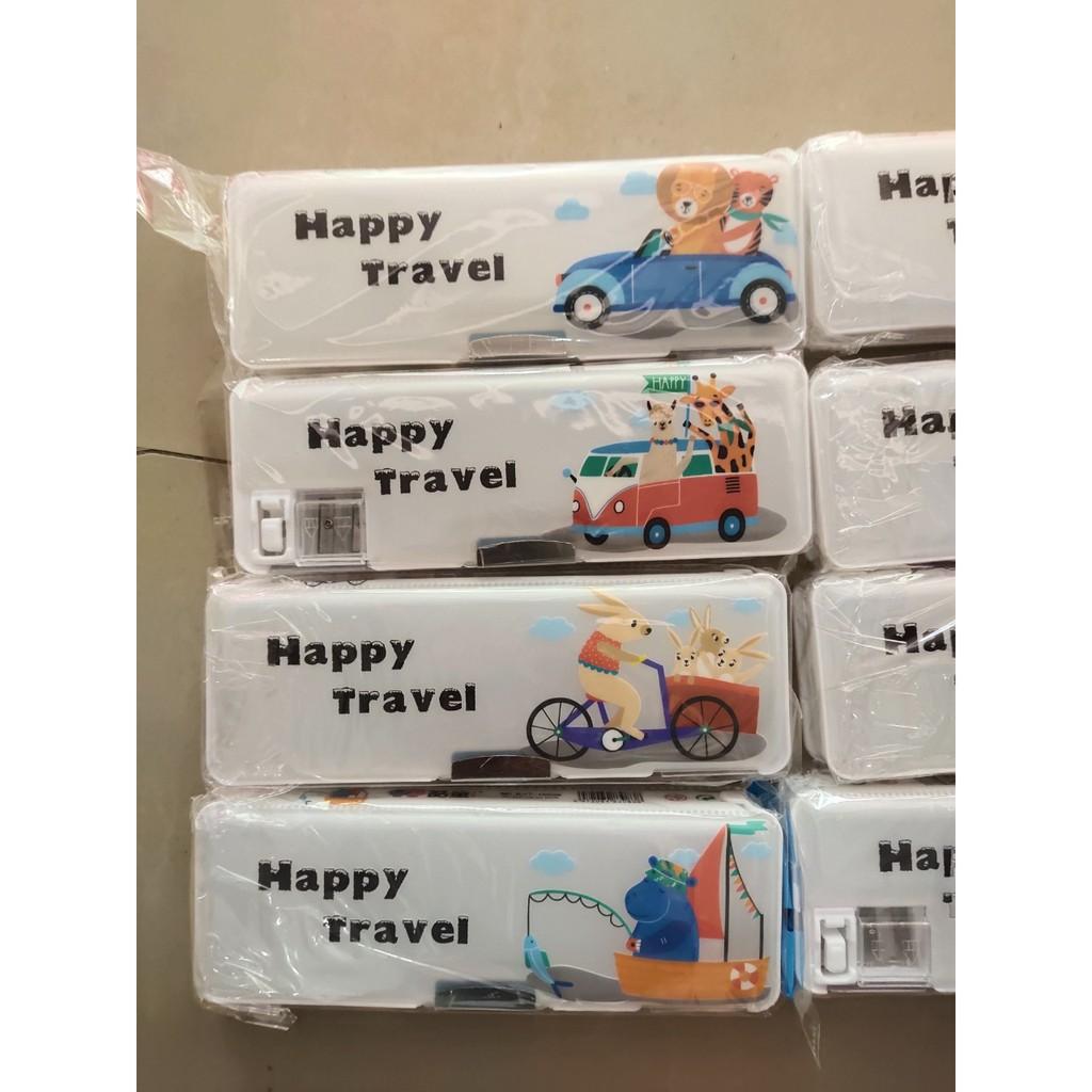 Hộp bút nhựa 2 ngăn kèm gọt bút mẫu HAPPY TRAVEL, hộp đựng bút cho bé