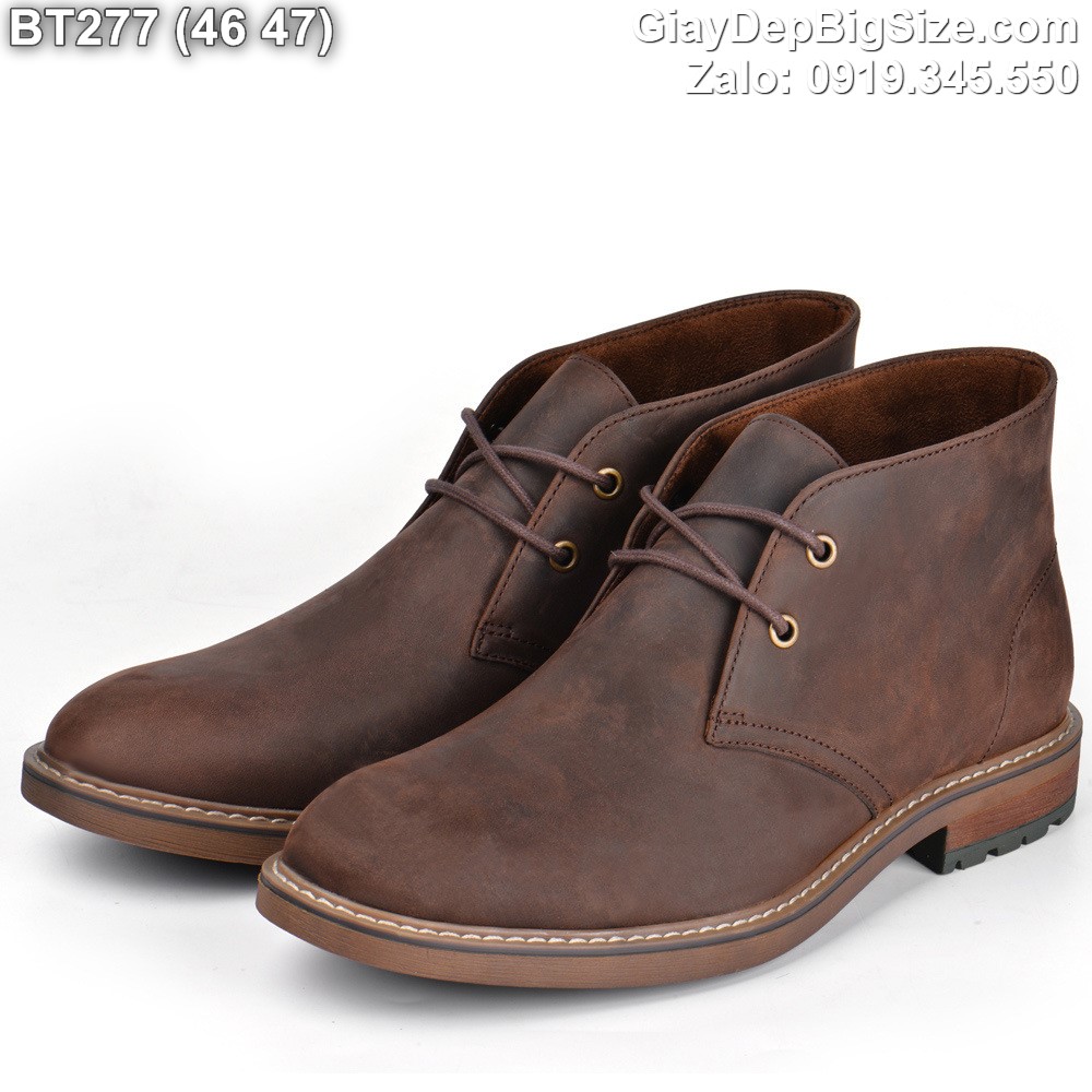 Giày tây cổ lửng, giày da bò sáp ngựa điên cỡ lớn 45 46 47 48 cho nam chân to. Big size chukka boots for wide feet