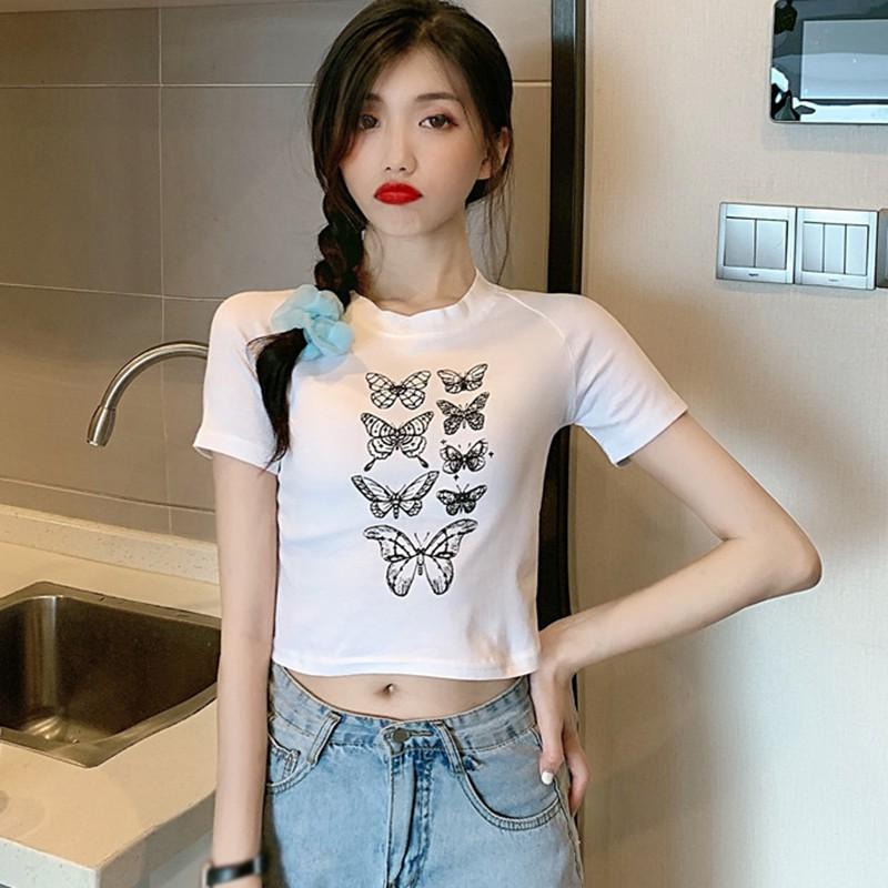 Áo thun tay ngắn ôm dáng in họa tiết bướm thời trang