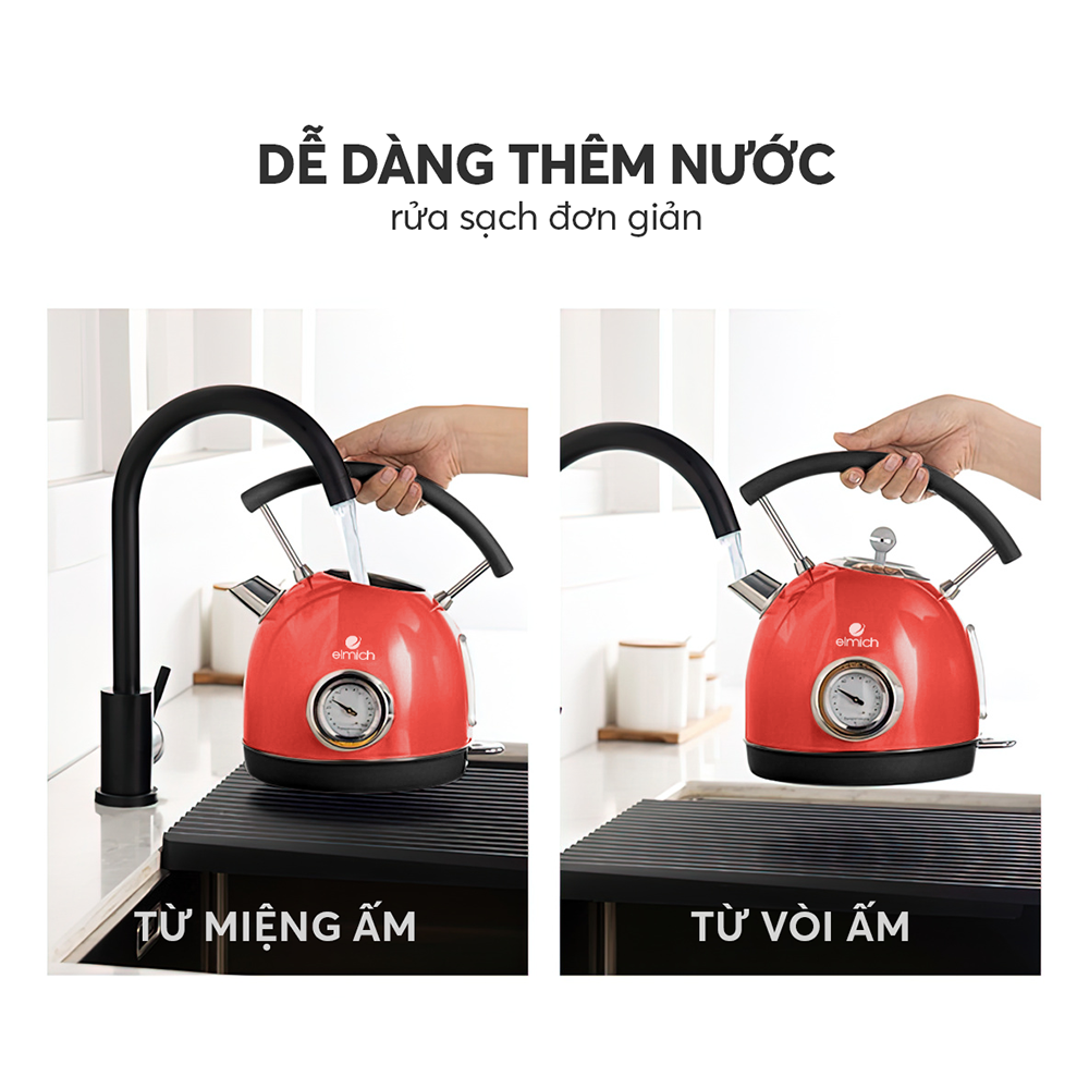 Ấm đun siêu tốc Elmich KEE-1776 (Mầu Đỏ, Dung Tích 1,8 Lít, Công Suất 2200W, Có đồng hồ báo nhiệt độ nước) - Hàng Chính Hãng