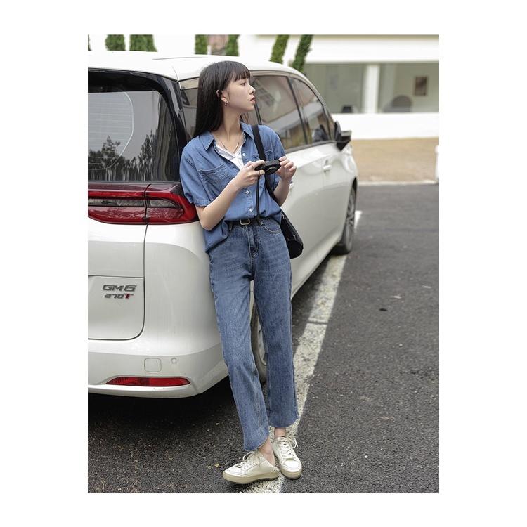 MS683 Áo sơ mi jeans nữ cộc tay hai túi, áo bò túi ngực