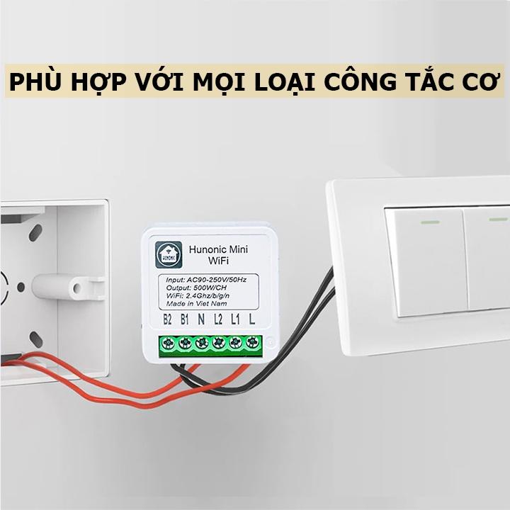 Công tắc Wifi Hunonic Mini 2 kênh 500W/kênh - LẮP SAU CÔNG TẮC ÂM TƯỜNG - Điều khiển từ xa bằng điện thoại