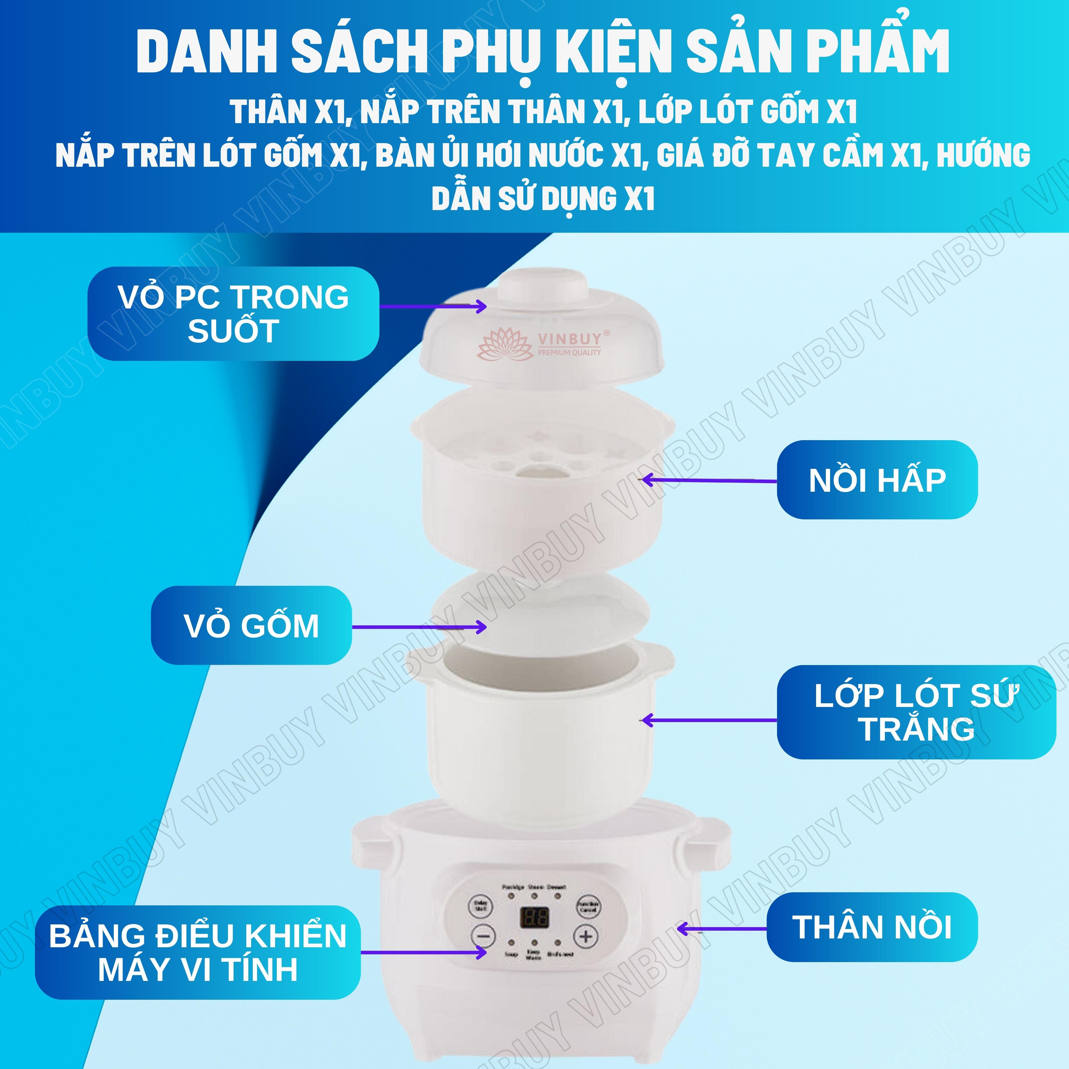 Nồi chưng yến, nồi nấu chậm, nồi tiềm thuốc bắc, nồi nấu cháo cho bé giữ trọn chất dinh dưỡng, dung tích 1 lít, công suất 200W - Hàng chính hãng VINBUY