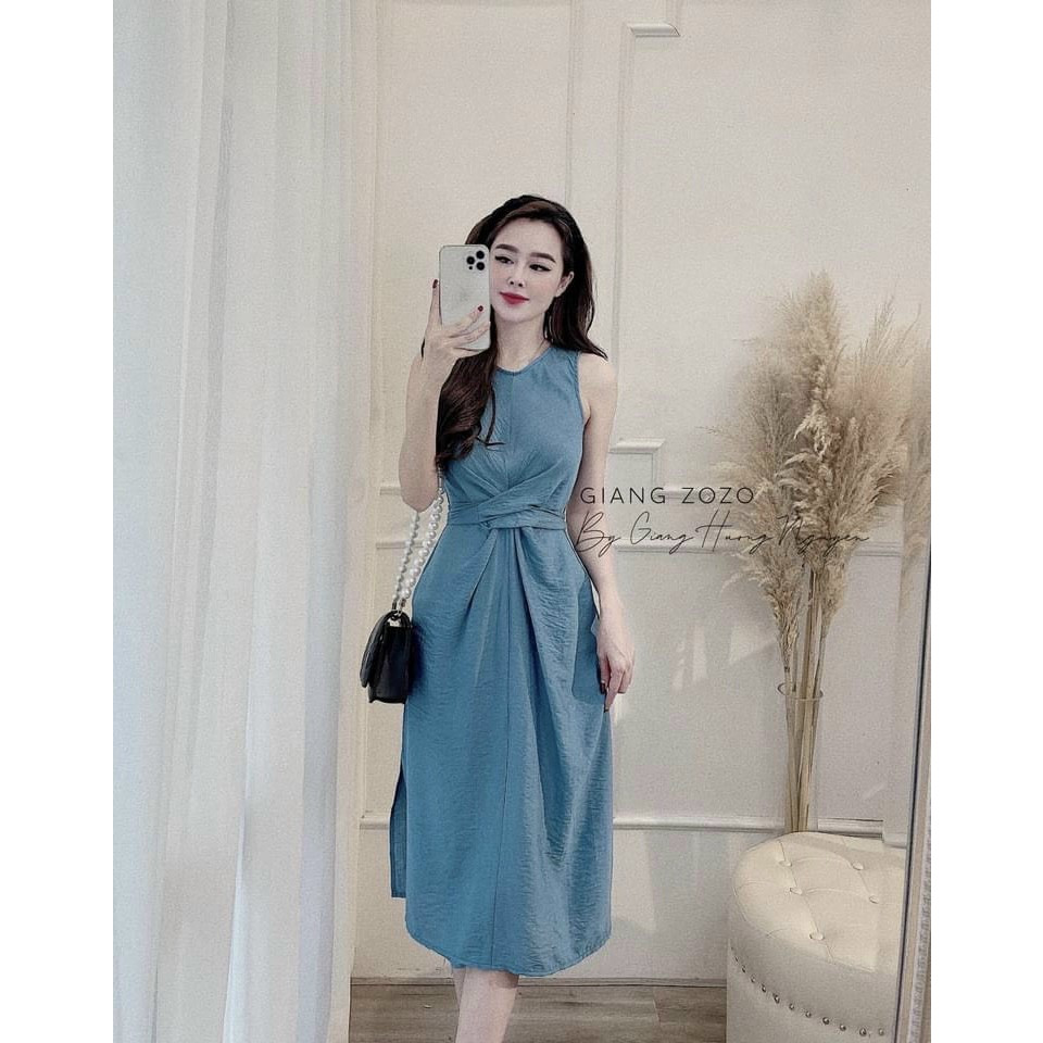 Váy suông nữ dáng dài xoắn eo buộc dây sau màu xanh lạ mắt