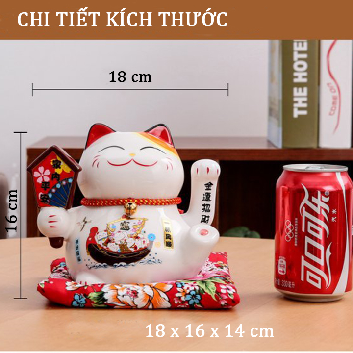 Mèo Thần Tài Phong Thuỷ May Mắn Bằng Sứ Lớn Cao 16cm Có Vẫy Tay Kèm Mệm Lót Để Bàn - Quà tặng mừng khai trương