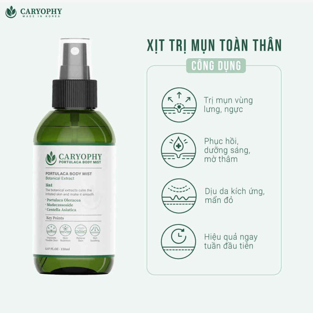 Xịt giảm mụn, giảm thâm mụn lưng, mụn toàn thân Caryophy Portulaca Body Mist 150ml + Tặng Kèm 1 Băng Đô Tai Mèo (Màu Ngẫu Nhiên)