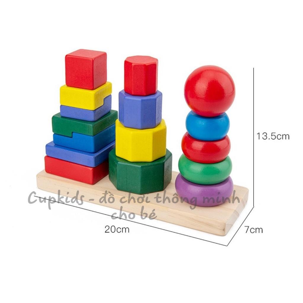 Đồ chơi gỗ 3 tháp xếp chồng trên thanh ngang - Montessori