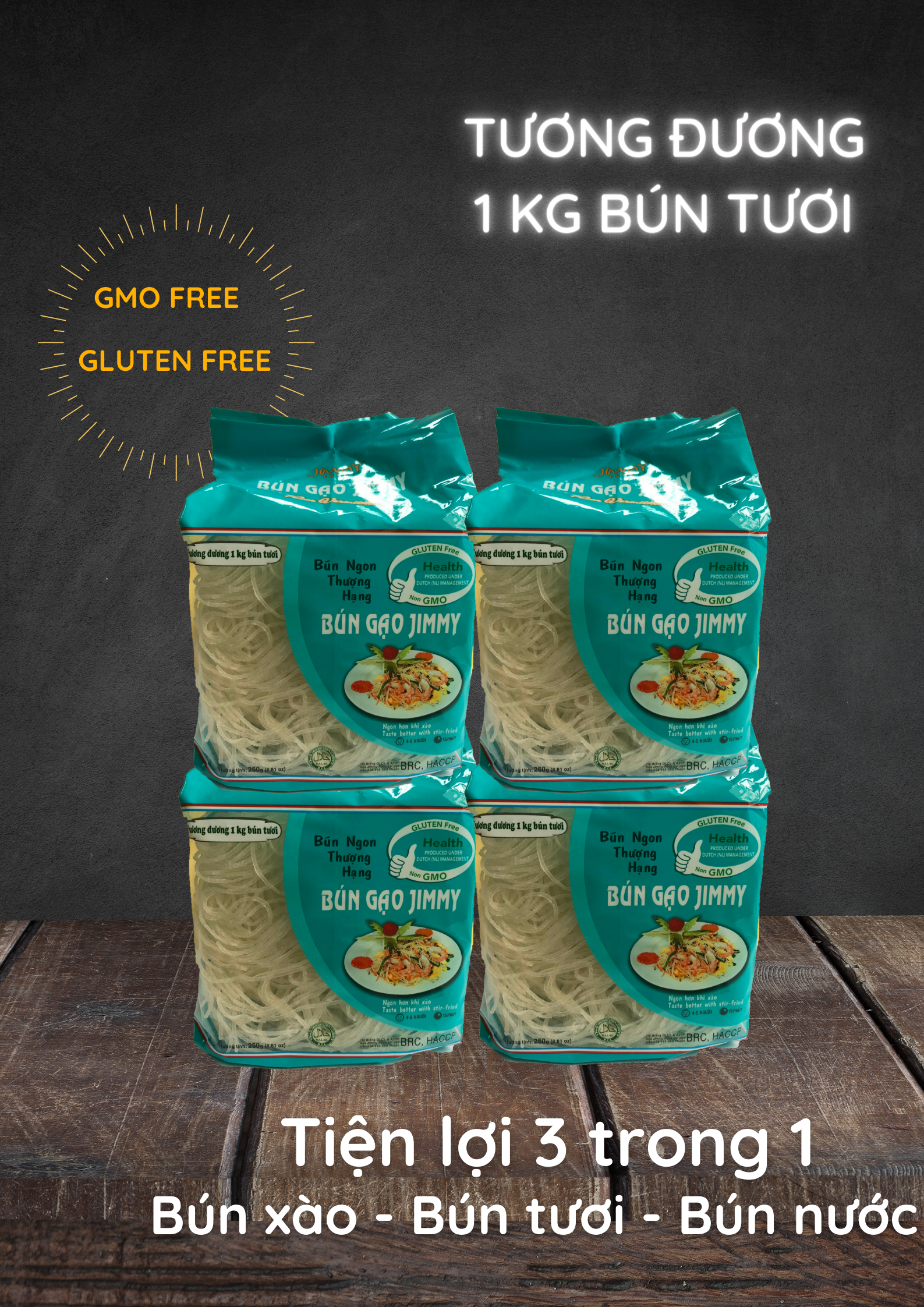 Bộ 4 gói bún gạo Jimmy - Bún ngon thượng hạng - Tiện lợi 3 trong 1: Bún xào, bún tươi, bún nước