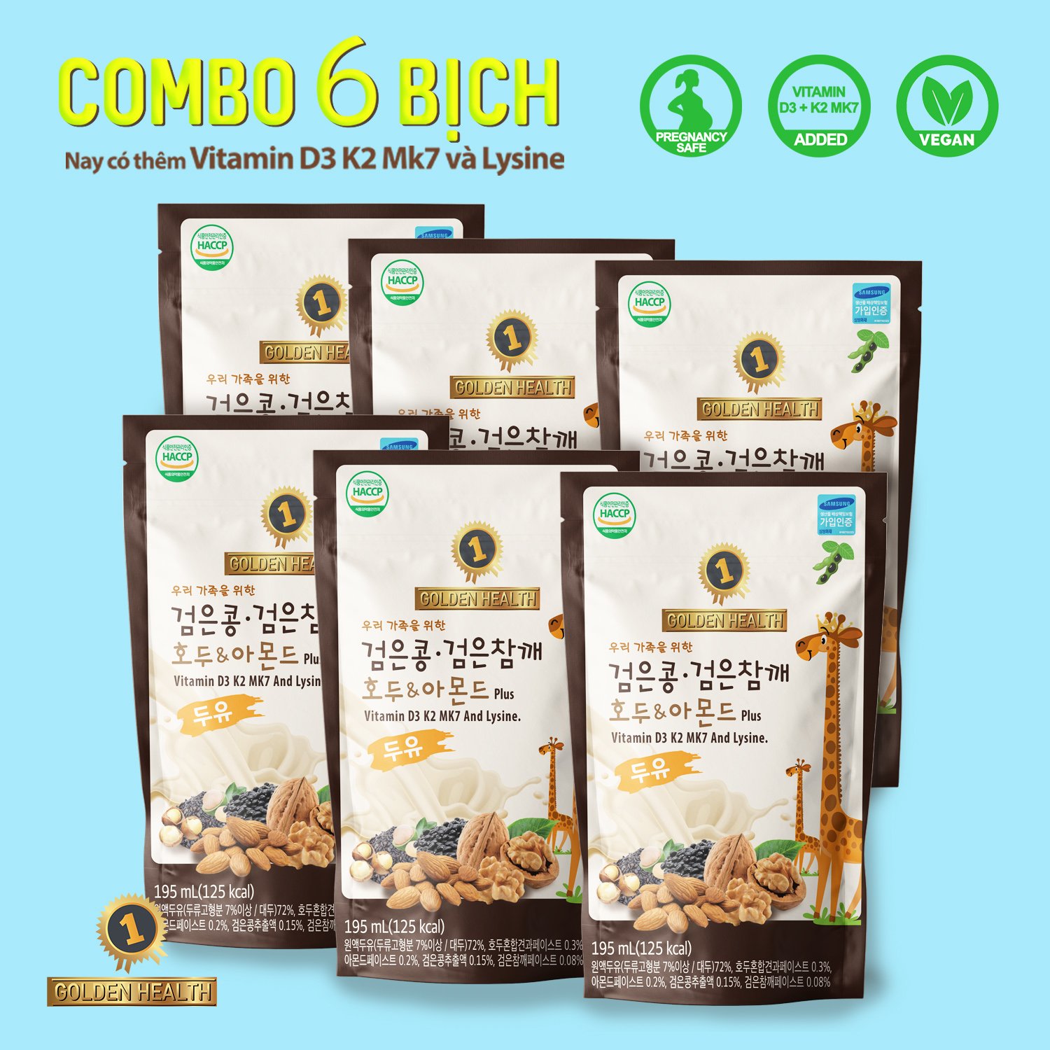 Combo 6 bịch Sữa Dinh Dưỡng Tăng Chiều Cao từ Óc chó Hạnh nhân Đậu đen 195ml/bịch