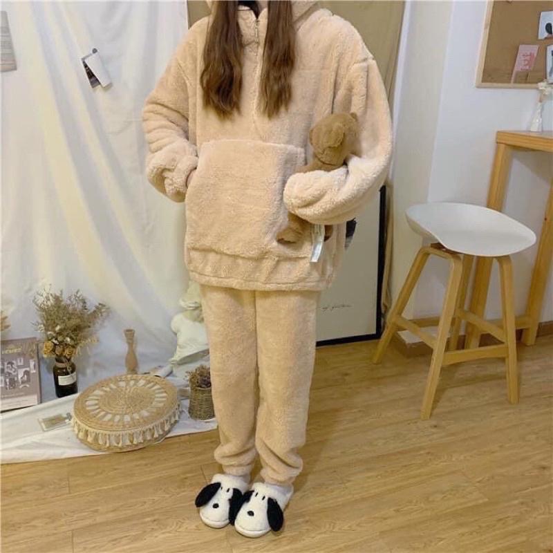 Bộ ngủ lông gấu hoodie chất lông mềm mượt, sét bộ đồ nữ unisex