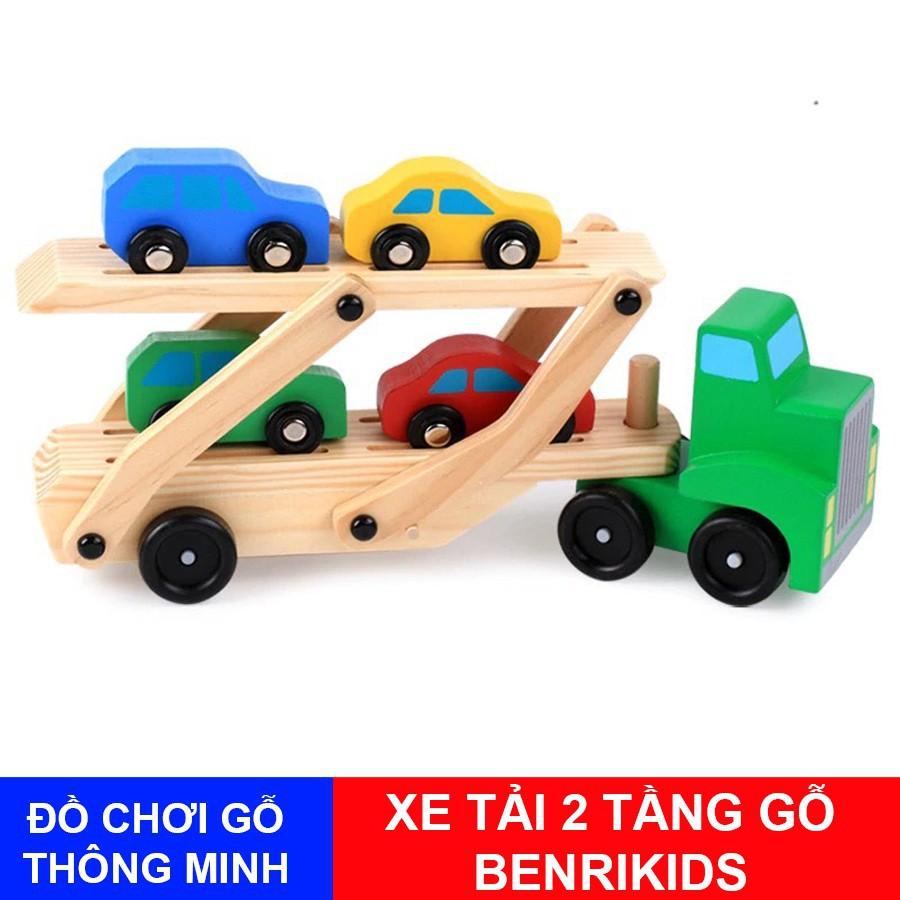 Đồ Chơi Gỗ,Xe Vận Tải 2 Tầng Chở 4 Chiếc Xe Con Co Duỗi Tháo Lắp Cho Bé Trai